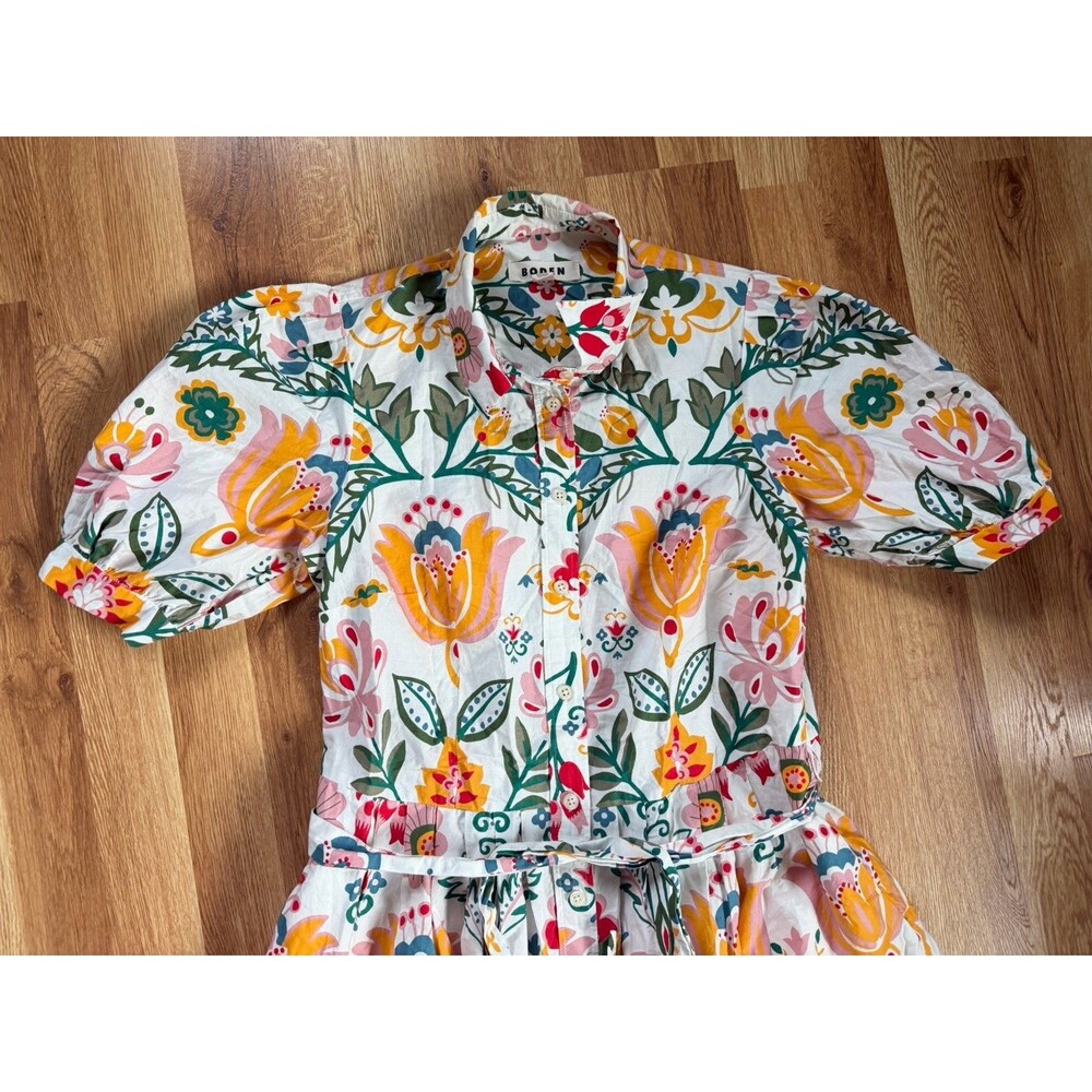 Boden Alexa Floral Multicolor Cotton Shirt Midi Dress Tie Waist Puff Sleeve Sz 8 - Picture 5 of 13